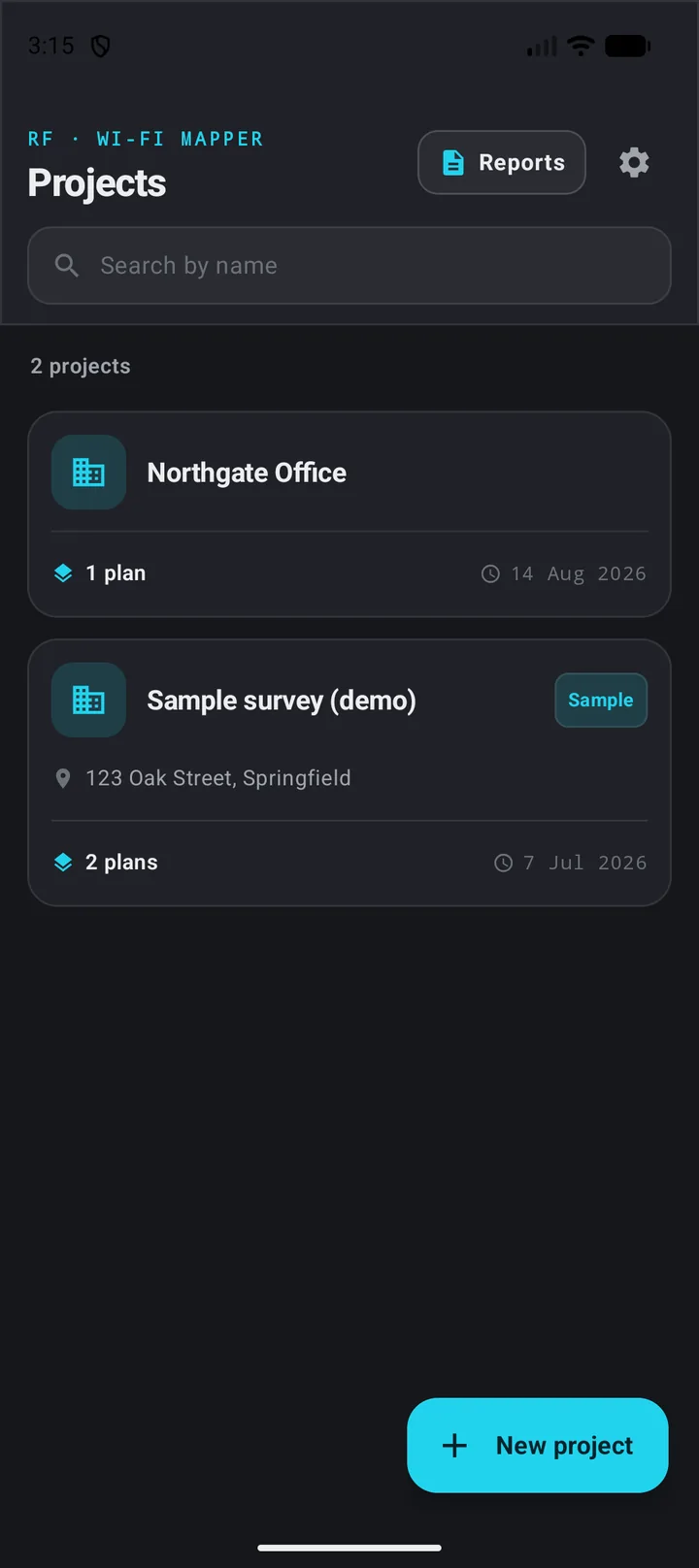 The project list screen