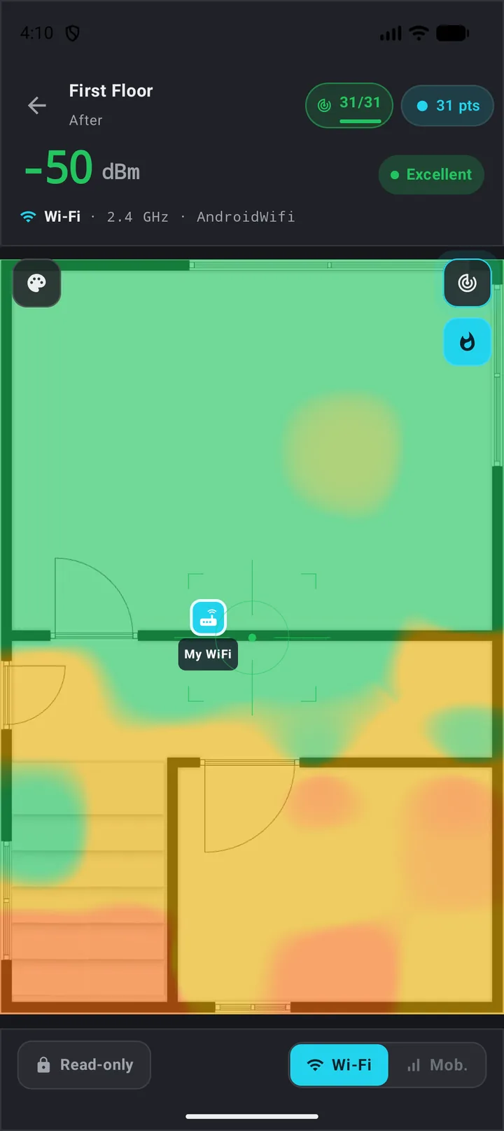 A floor plan with a colour heatmap of Wi-Fi coverage and measured points